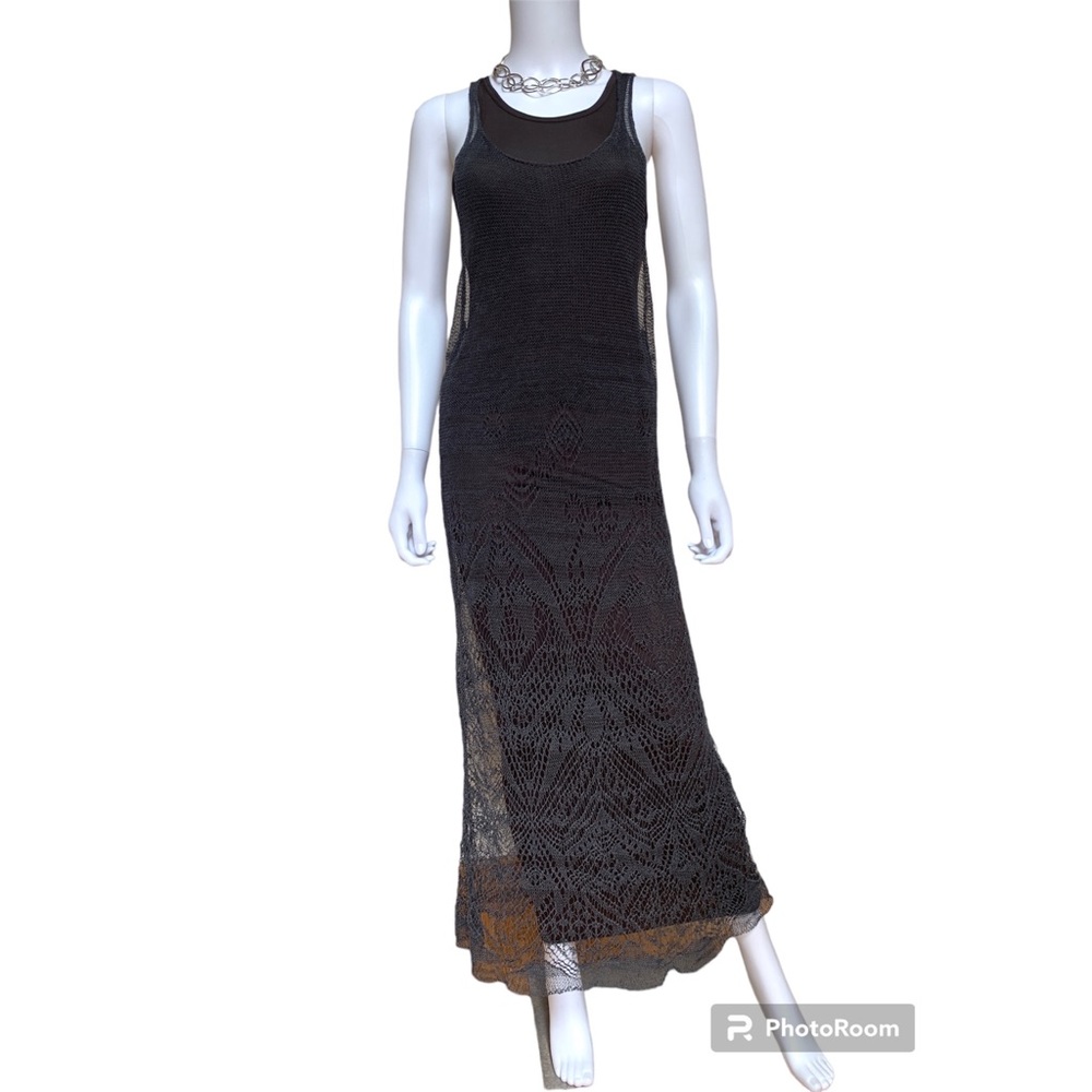 Aviu vintage brown racerback maxi dress with crochet overlay dress, S